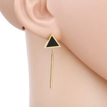 Gold Tone Earrings With Jet Black Faux Onyx Triangle & Dangling Bar - $23.99