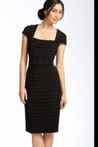 Adrianna Papell Sheath Dress Sz 10 Black Shutter Pleated Belt Cap Sleeve Stretch - £35.61 GBP