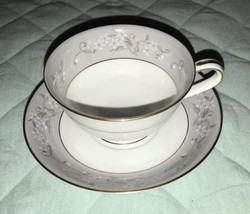 Noritake Vintage Chelsea Pattern 5822 Cup &amp; Saucer, White Flowers on Gray Rim - £11.78 GBP