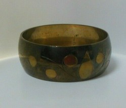 Vintage Large Brass Inlay Wide Bangle Bracelet - £27.26 GBP