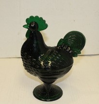 Dark Green Glass Rooster Covered Dish Standing Chicken Retro Depression Style - £20.22 GBP