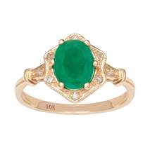 10k Yellow Gold Vintage Style Genuine Oval Emerald and Diamond Halo Ring - £159.49 GBP