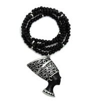 ICEMOND Egyptian Queen Nefertiti Black Wooden Chain Silver Pendant Necklace, 30&quot; - £14.02 GBP
