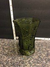 Vintage Anchor Hocking Olive Green Glass Footed Vase Grapevine Pattern.. - $18.00