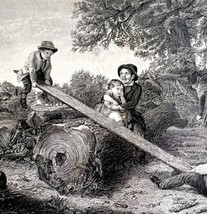 Children Playing On A See Saw Steel Engraving 1859 Victorian Family Art DWY5C - £55.46 GBP