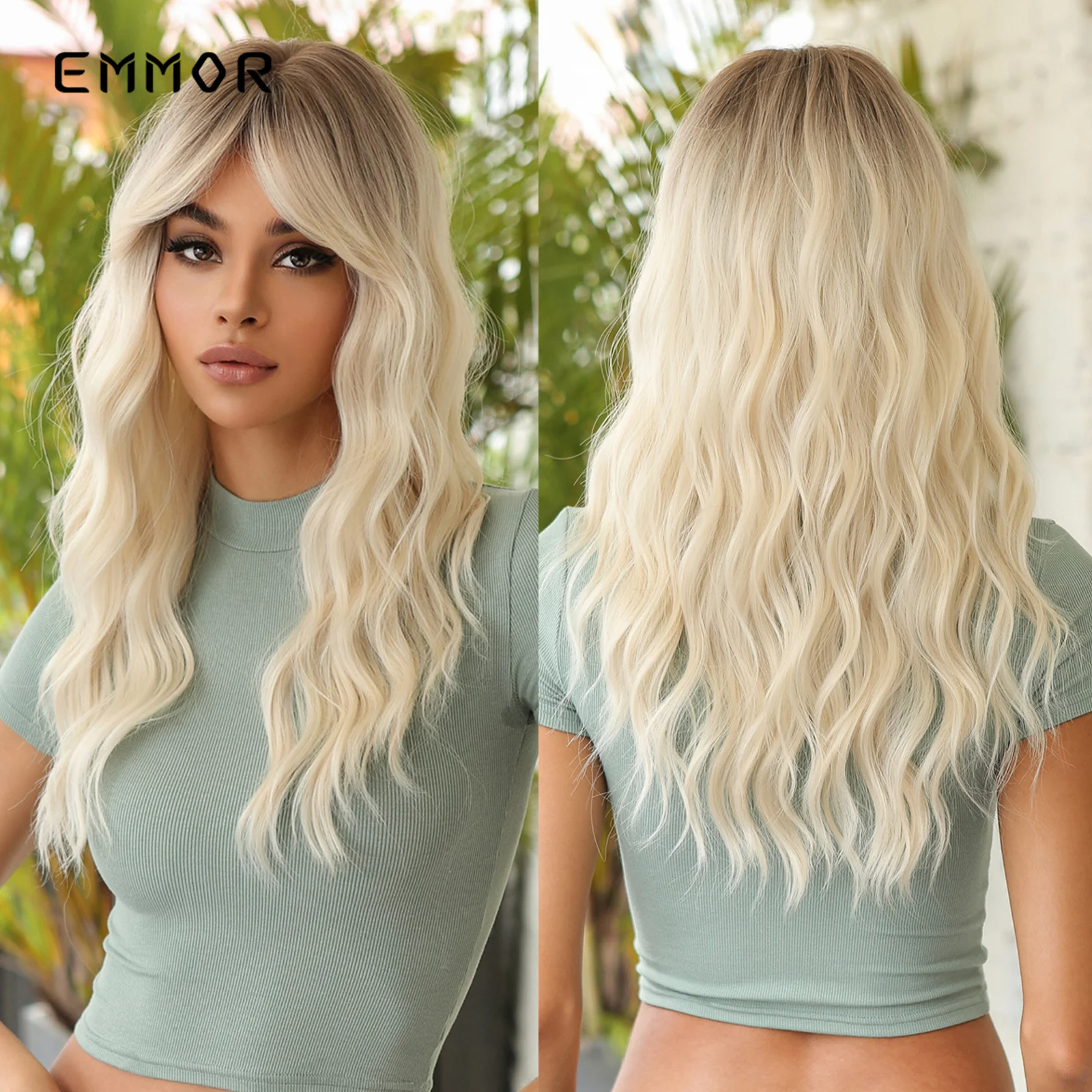 Emmor Long Natural Wavy Wigs with Side Bang Ombre Brown to Platinum Blon - £23.09 GBP