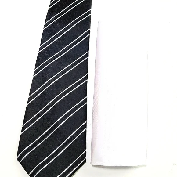 New KaiLong Mens Hand Made Silk NeckTie Black /White Solid handkerchief - £25.39 GBP