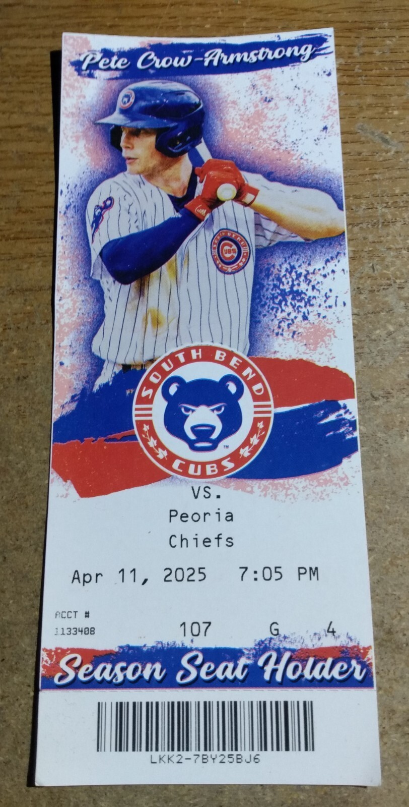 2025 South Bend A+ League Baseball Ticket Cubs  Pete Crow Armstrong - $1.75