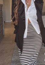 Zara S Knit Skirt Stripe Ivory Black Elastic Strech Body Con Maxi Preppy Basic - £18.49 GBP