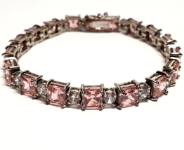 Solid Sterling 925 Silver Tennis Bracelet Pink Ice Clear Cubic Zirconia Stones - £43.44 GBP