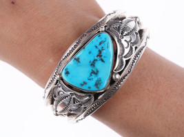 6.5&quot; Aaron Toadlena Navajo Turquoise Stamped silver and twisted wire heavy gauge - $623.70