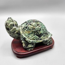 Green Turtle Figurine Hand Carved Stone Sculpture Wood Base 775 Grams Serpentine - £61.85 GBP