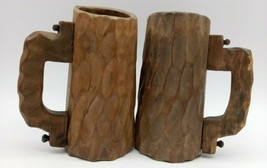 2 Hand Carved Made In Spain Wood Beer Mug Vintage Folk Art Game Of Thron... - $23.32