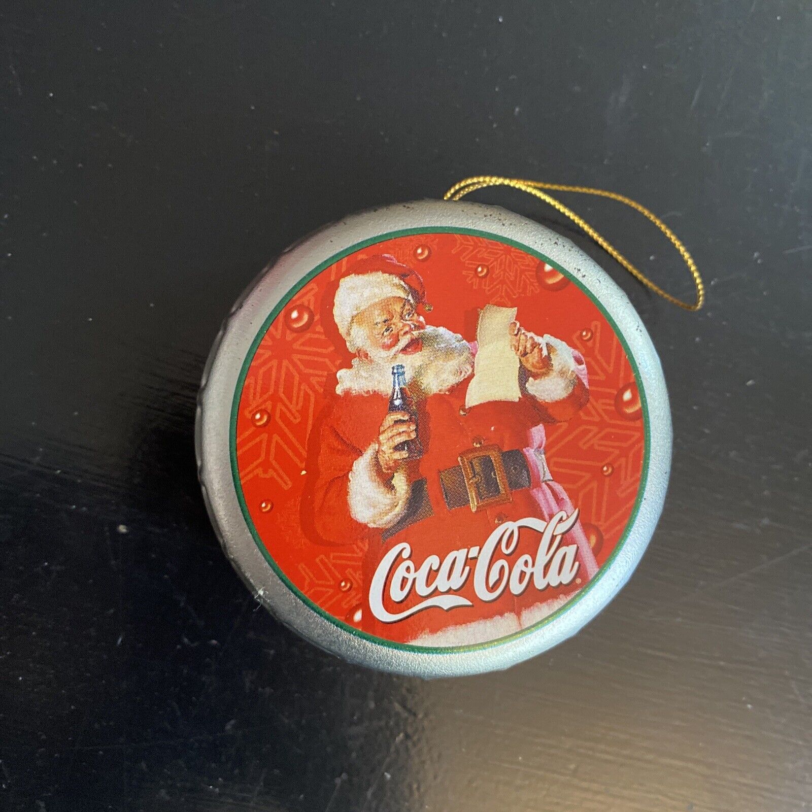 Primary image for Vintage Coca-Cola Bottle Cap Tin + Ornamenet - Trim a Tree Collection Santa