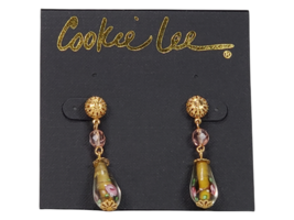 Cookie Lee Hand Blown Art Glass Earrings Flowers Pink Gold Stud - £5.51 GBP
