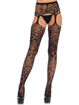 Floral lace stockings with attached high waist garterbelt - £23.54 GBP