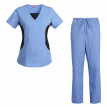 Women&#39;s Scrub Set Medical Nursing Uniform Top and Drawstring Cargo Pants - $38.98