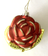 Red Rose Christmas Ornament with Glitter &amp; Green Leaves 3&quot; Tall Santa&#39;s Best - $14.50