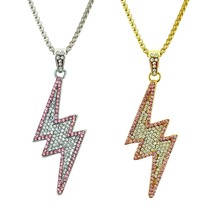 Lightning Bolt Necklace 2&quot; Cz Crystal Pendant Silver Gold Pink Elvis Presley Tcb - £13.40 GBP