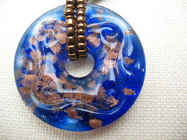 Blue Bead Round Disk Necklace w/ Copper Sparkles Black Beaded Lampwork Pendant - £10.21 GBP
