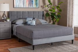 Pelagia Grey Velvet and Dark Brown Wood Queen Bed - $3,031.98 MXN