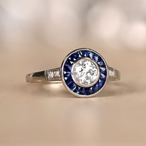 Art Deco Halo Blue Sapphire Simulated Diamond Women Vintage Engagement Ring - £92.42 GBP