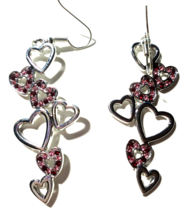 VTG. Silver Color with Tiny Pink Rhinestones 2&quot; Dangling HEARTS Pierced Earrings - $10.99