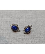 Vintage Silver Tone Oval Shape/Sapphire Replica Stone Earrings - £7.53 GBP