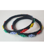 Wrapped Wire Beaded Bangle Bracelets Ethnic African Yoruba Set of 2 - £11.61 GBP