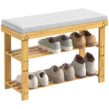 Bamboo Shoe Bench, 3-Tier Shoe Rack with Cushion &amp; Adjustable Shelves - $1,310.85 MXN