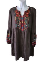 Anthropologie Solitaire Tunic Blouse Dress Grey Balloon L/S Embroidered Sz Small - £21.60 GBP