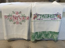 Vintage 1980’s His And Hers Cross Stitched Needlepoint Pillowcases - £14.76 GBP