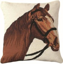 Throw Pillow Needlepoint Champ Horse 18x18 Chestnut Beige Poly Insert Cotton - £231.01 GBP