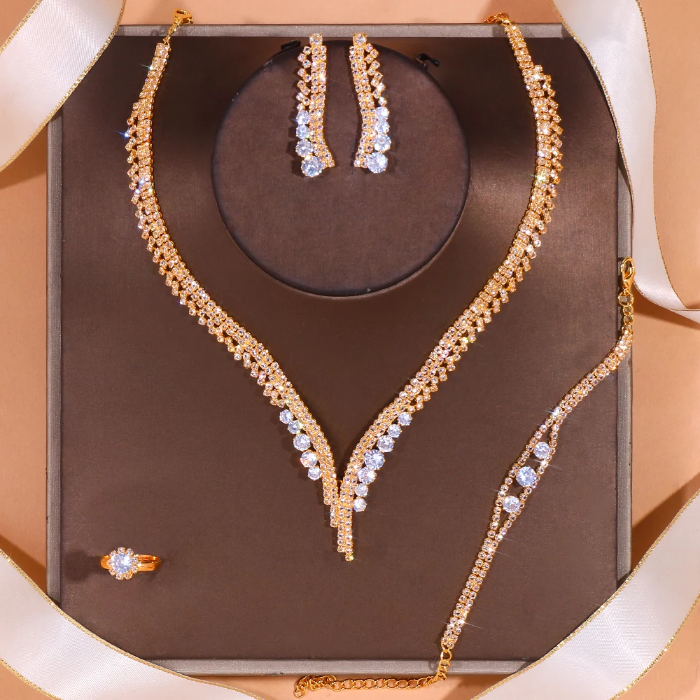 Simple Round Crystal Necklace Sets Wedding for Women Bride Accessories Rhineston - £17.63 GBP