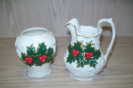 Sugar &amp; Creamer Christmas Design White , Green Leaves Red Berries Gold Decor - £7.95 GBP