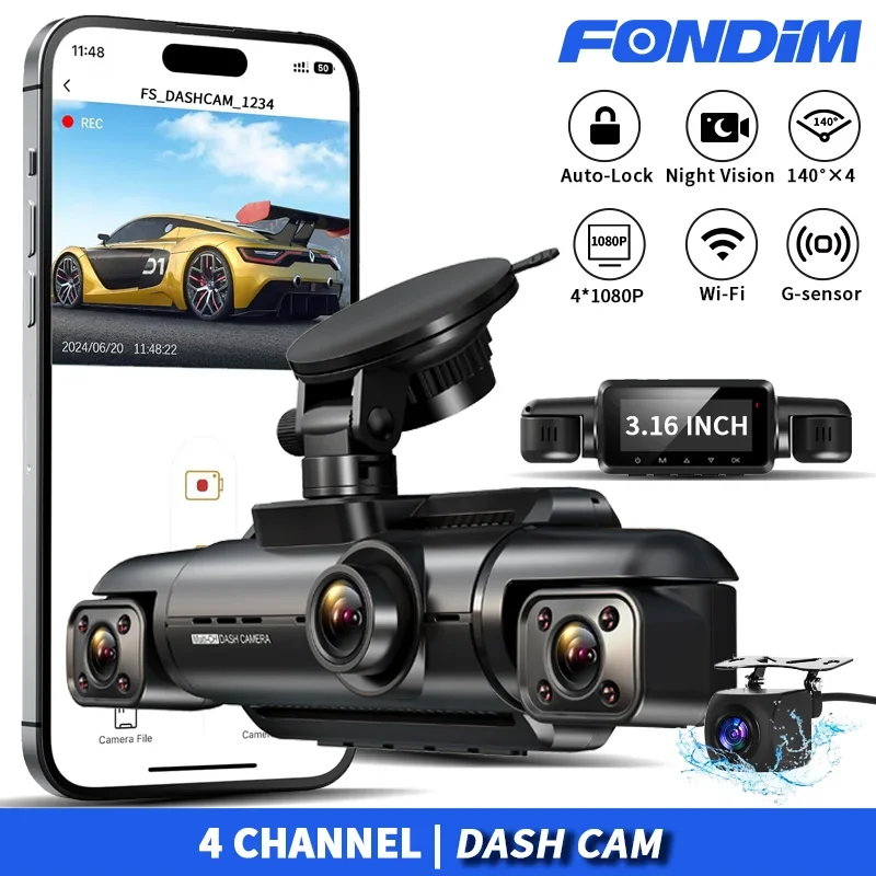 FONDIM Car Dash Cam 4 Channel A99 FHD 1080P for Car DVR 360°Auto Video Recorder - £124.64 GBP+