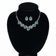 Green &amp; Cubic Zirconia Pear Statement Necklace &amp; Stud Earrings - £11.98 GBP