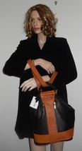 VALENTINA ITALIAN LEATHER - BLACK/TAN LEATHER BUCKET BAG NWT  - $199.99