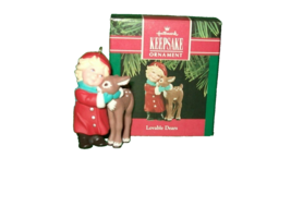 Hallmark Lovable Dears Ornament Girl Hugging Reindeer 1990 - $15.20