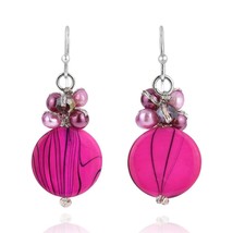Vibrant Pink Tones Pearl and Zebra Pattern Seashell Circle Dangle Earrings - £10.11 GBP