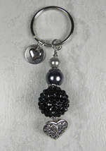 Rhinestone Ball Glass Pearl Heart Black Silver Keychain Handmade New - £13.66 GBP