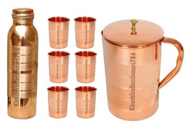 Copper Water Pitcher Jug Brass Knob 1500ML Drinking Bottle Tumbler Glass... - £61.88 GBP