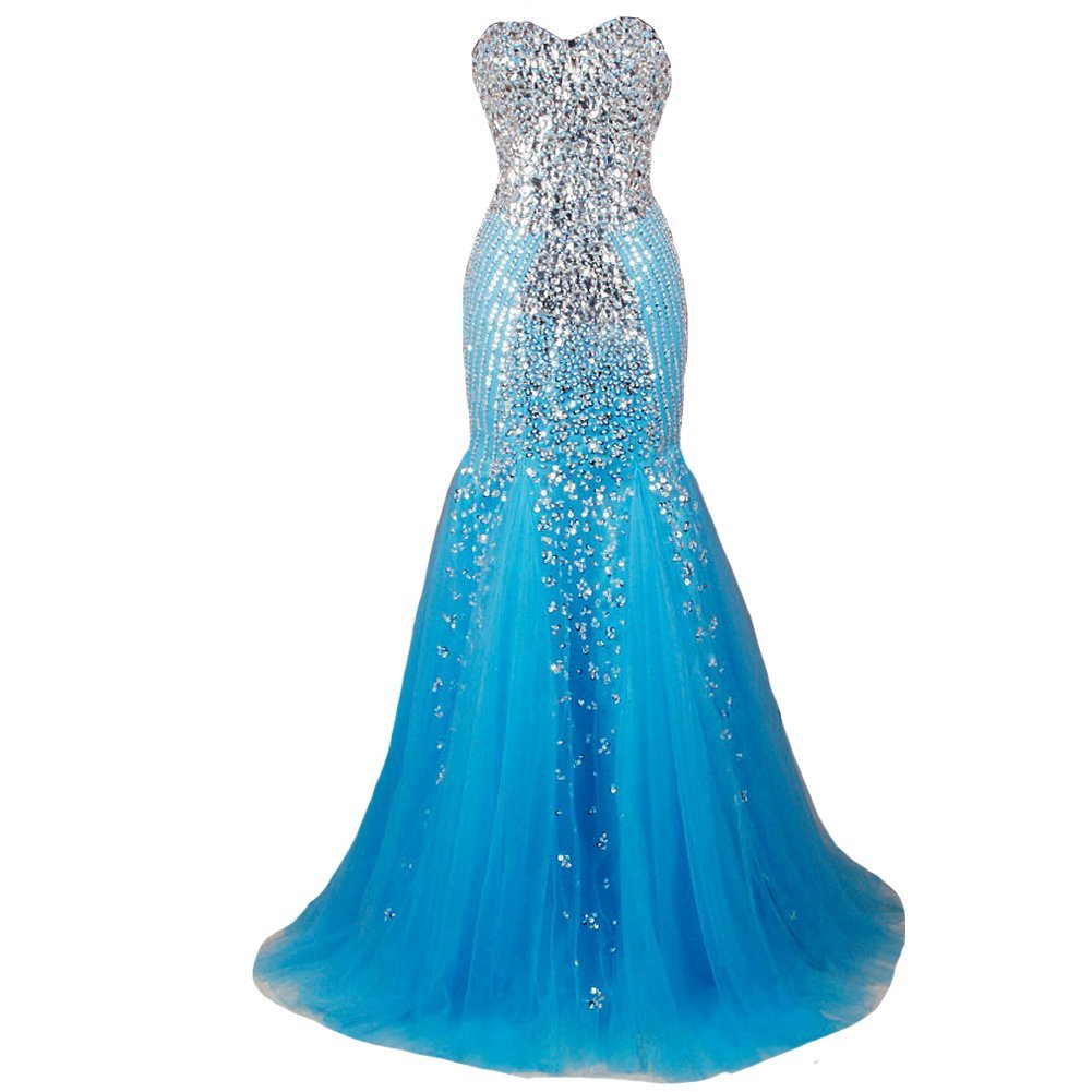 Kivary Mermaid Long Crystals Beaded Tulle Corset Formal Prom Dresses Evening Gow