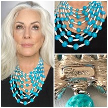 Schiaparelli Vintage Bib Necklace 8 Strands Turquoise Blue White 1950s S... - $387.59