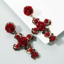 Cross Earrings Baroque Vintage Style Gold Enamel Red Black White Flowers  - £9.58 GBP