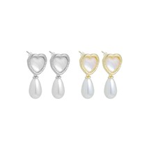 Gold Silver Pearl Heart Teardrop Pearl Earrings, Sku#ZX223 - £6.26 GBP