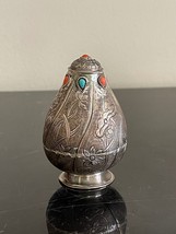 Antique Silver .925 Engraved Snuff Bottle Accented with Coral &amp; Turquoise Stones - £237.76 GBP