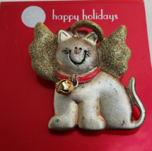 Vtg AJMC Holiday Smiling Cat Angel Bell Brooch Pin Gold Tone 1 5/8&quot; H x 1 1/2&quot; W - £15.92 GBP
