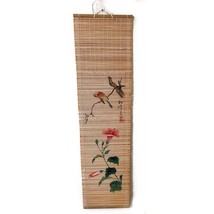 Vintage Bamboo Scroll Painted Bird Flower Hibiscus Wall Hanging 30x8&quot; - £9.32 GBP