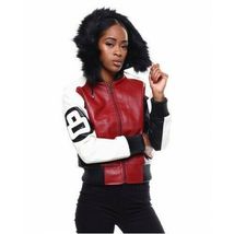WOMEN 8 BALL POOL RED AND WHITE BOMBER HOODIE LEATHER JACKET FAST SHIP - $99.99
